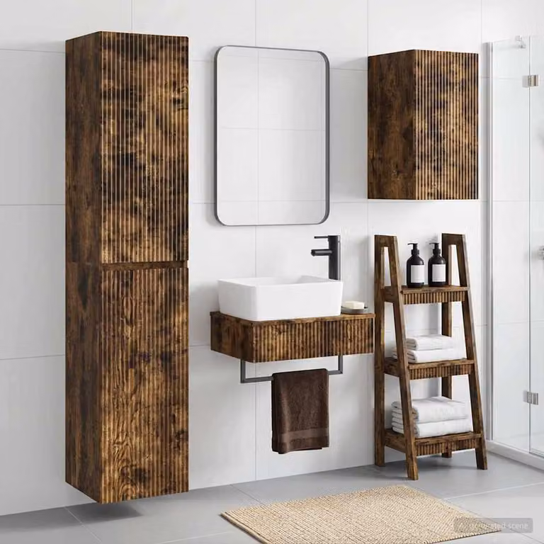 Set di mobili per il bagno moderno vidaXL composto da 3 pezzi in legno color rovere fumo, L/P/H: 33 x 34,5 x 160 cm
