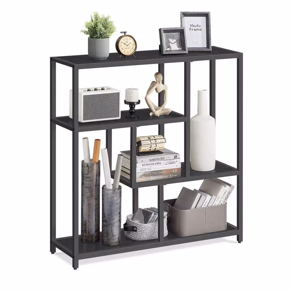 Libreria Scaffale Autoportante per Soggiorno Ufficio Camera da Letto Cucina, Nero Ebano + Nero Inchiostro / Pannello di Truciolato