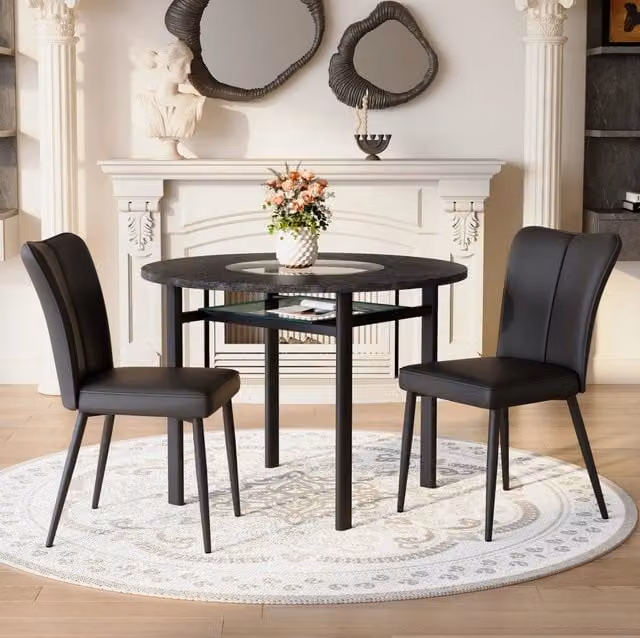Set tavolo rotondo nero con 2 sedie in PU