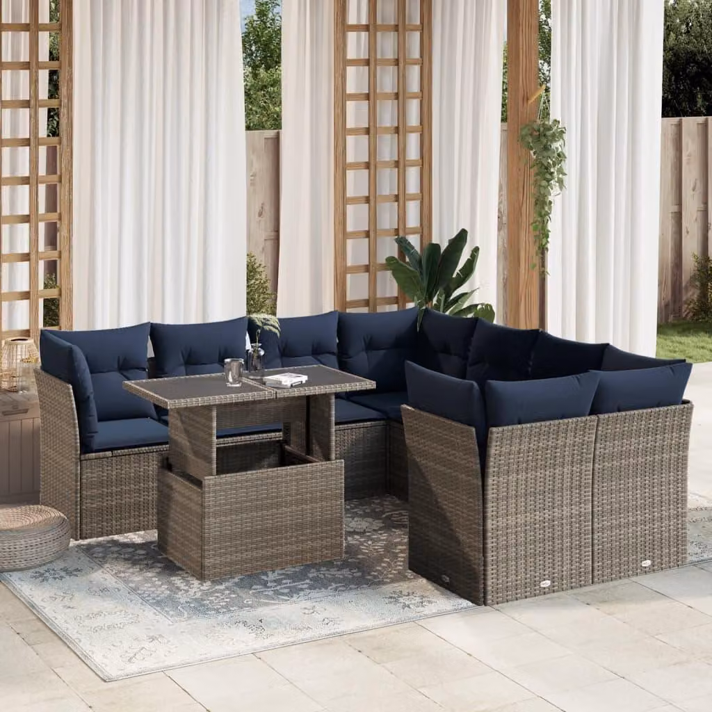 Maison Exclusive - Set di 9 pezzi per giardino con cuscini, grigio, polyrattan