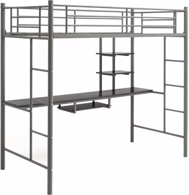 Struttura di metallo per letto a soppalco con scrivania 2 scale e corrimani a lunghezza estesa, Letto a soppalco Argento