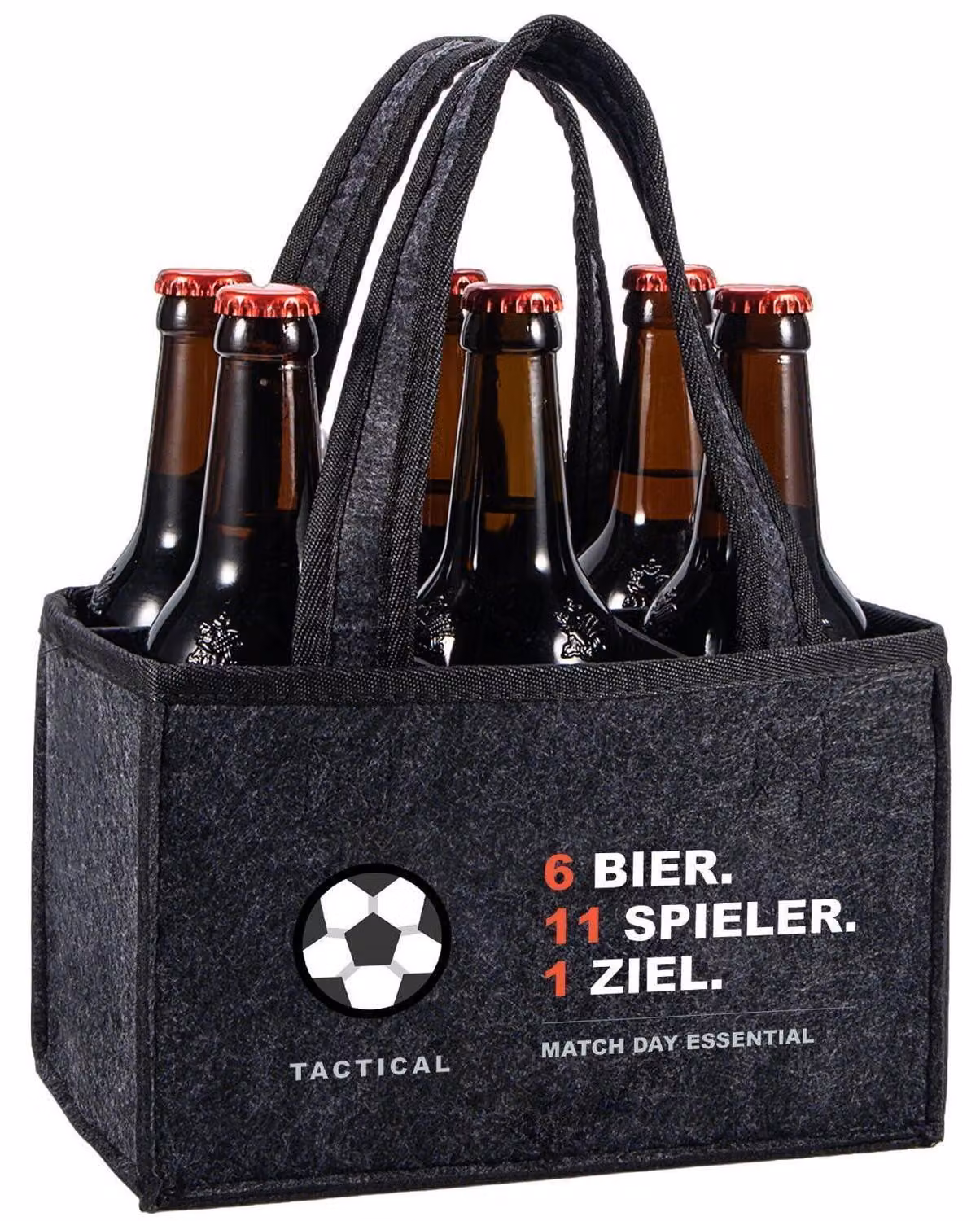 Borsa in feltro per 6 bottiglie, con la scritta: "6 birre. 11 giocatori. 1 obiettivo."