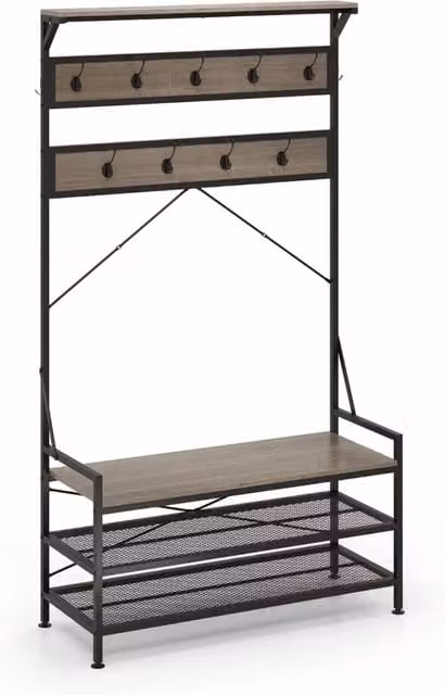 Appendiabiti a albero 4-in-1 con 11 ganci e panca scarpiera a 2 ripiani in stile industriale, Grigio