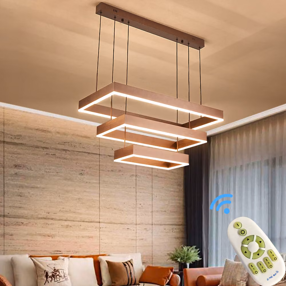 Lampada a sospensione a LED 6053FX-KF rettangolo colore caffè con telecomando colore luce/luminosità regolabile dimmerabile Luce LED da soggiorno lampadario a sospensione