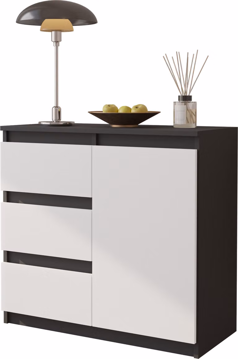 FURNICA - MIKEL - Cassettiera / credenza con 3 cassetti e 1 anta - grigio antracite / bianco opaco H75cm L80cm P35cm