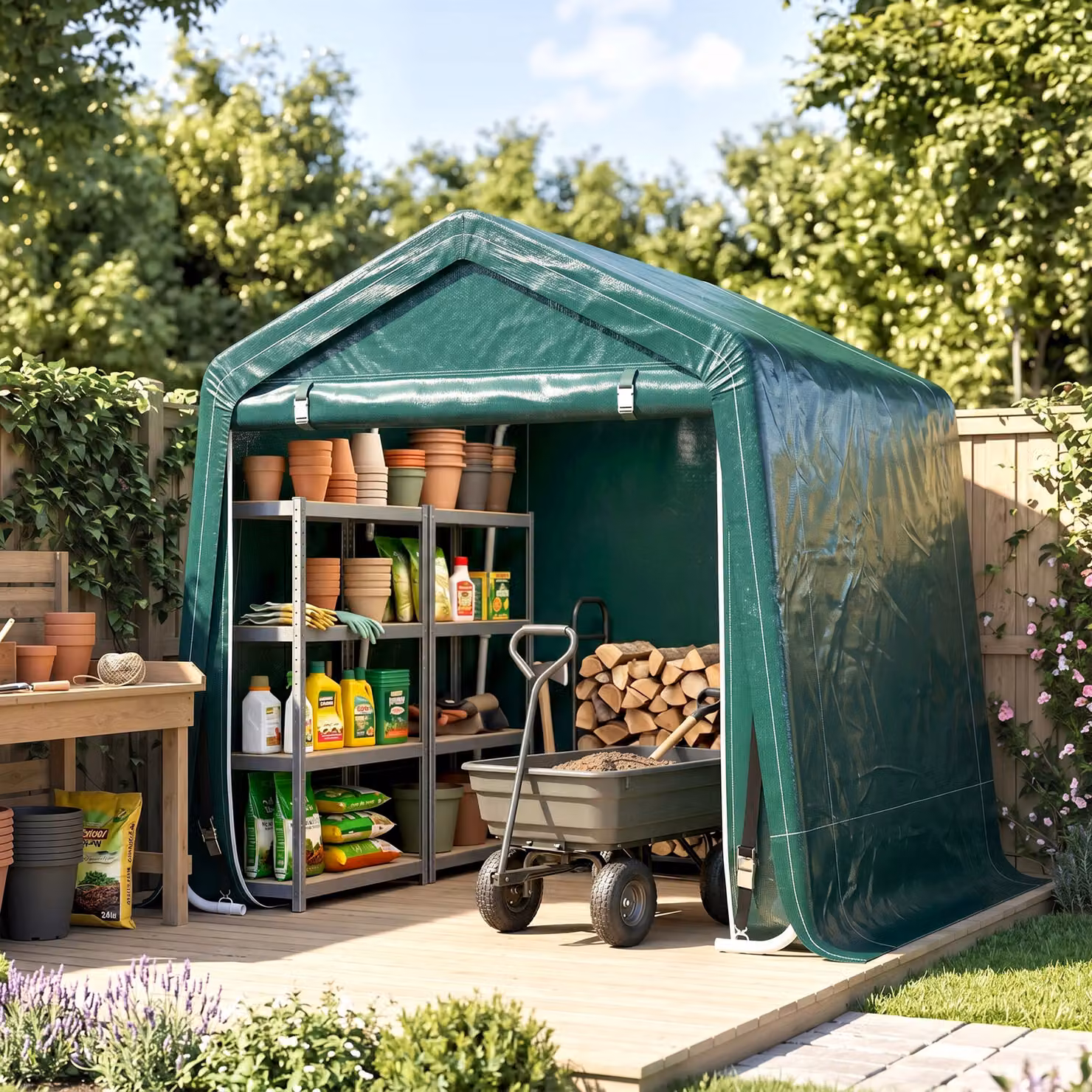 Tendone Garage Outsunny per Auto, Moto e Biciclette, Casetta da Giardino in Metallo e Tessuto PE, Verde, L: 240 cm x P: 200 cm – 2