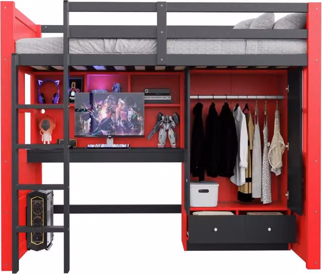 Letto a soppalco 90x200 cm con scrivania; armadio; cassetti; LED e prese; nero e rosso