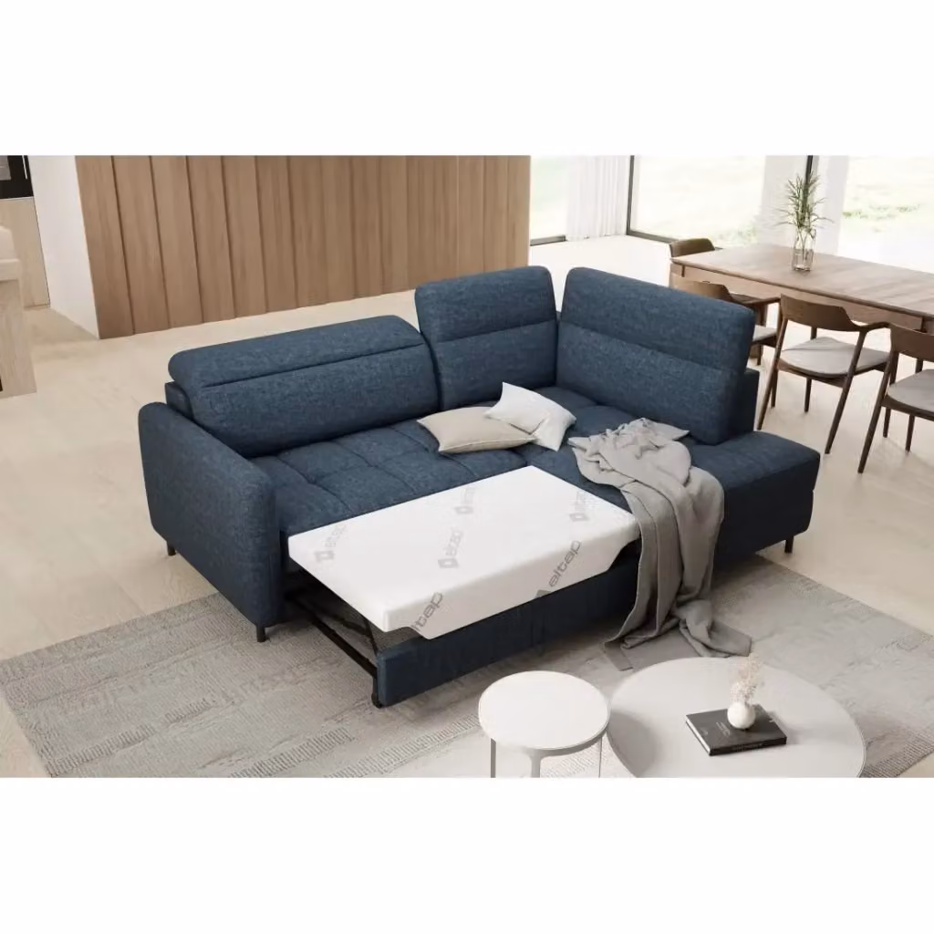 Divano angolare destro convertibile BARNEA MEUBLORAMA blu con contenitore e funzione letto, L: 208 cm – 2