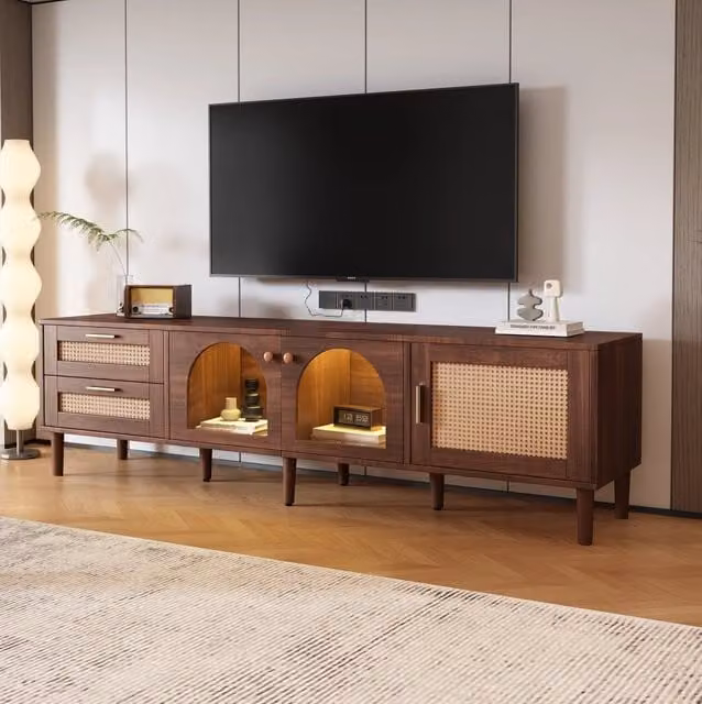 Mobile TV da 180 cm con LED; 2 cassetti in rattan e 3 ante; marrone