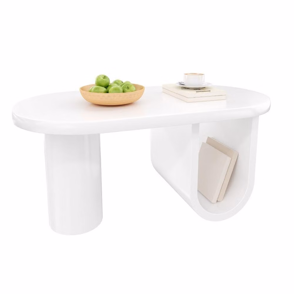AIORBER Tavolino ovale moderno bianco, 2 cassetti, gambe a U, di facile manutenzione, 98,5×53,5×42 cm