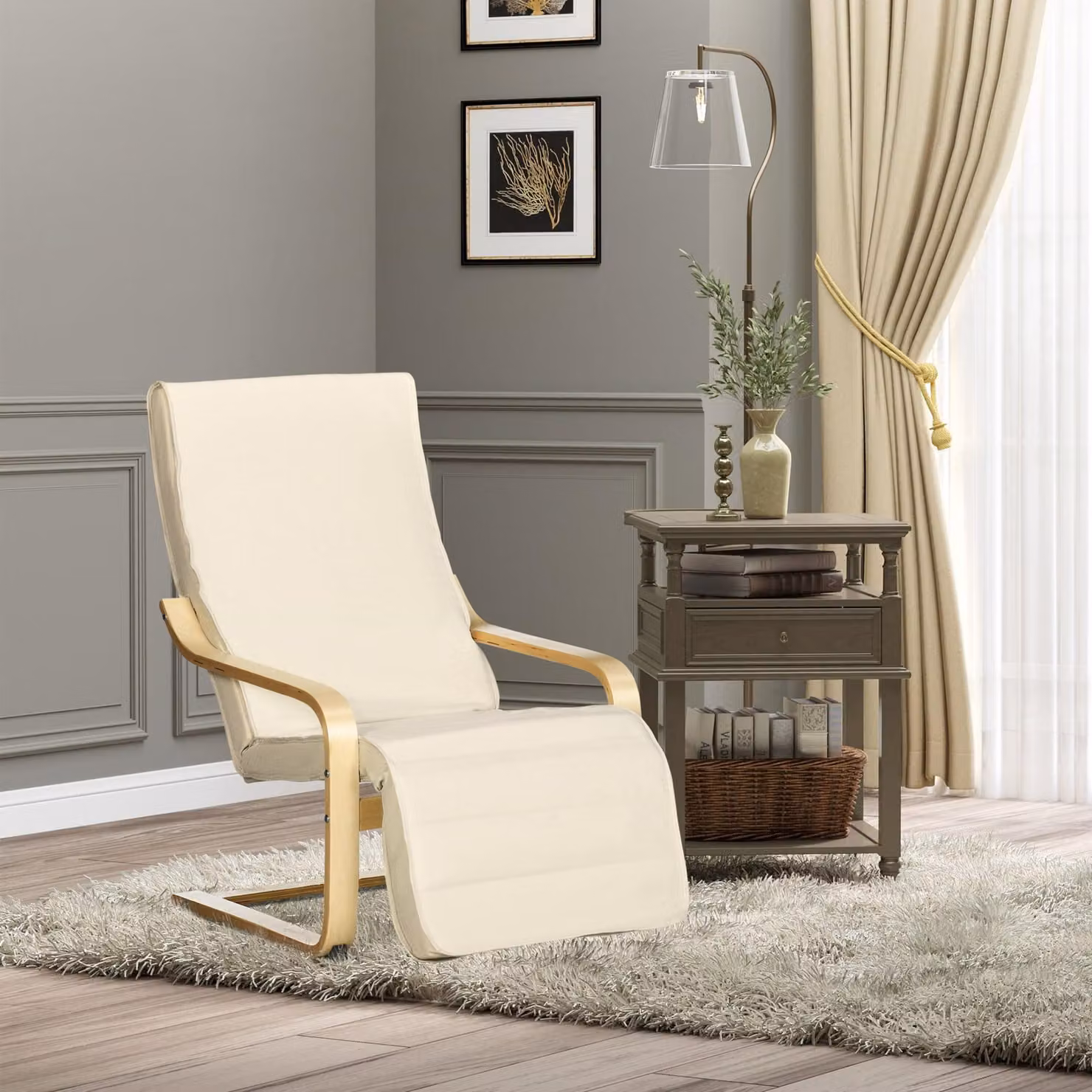 poltrona reclinabile okwish con poggiapiedi regolabile in 5 posizioni, sedia da pranzo reclinabile con struttura in metallo e legno di betulla per il soggiorno, bianco crema