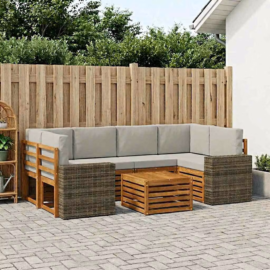 Set di divani da esterno vidaXL a forma di L composto da 7 pezzi con tavolino da caffè, realizzato in legno di acacia trattato, colori beige, grigio e marrone