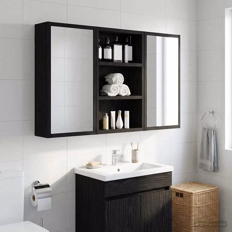 Armadio da bagno a muro moderno vidaXL in rovere e nero con ripiani interni e ante a battente L/P/H: 30 x 10 x 50 cm