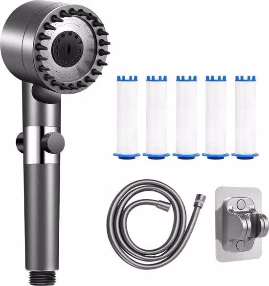 Soffione doccia a risparmio energetico con tubo flessibile da 1,5 m e supporto (non richiede forature), tecnologia di filtraggio a 5 vie, soffione doccia ad alta pressione con 3 tipi di getto, soffione doccia a risparmio idrico per acqua dura (5 filtri in