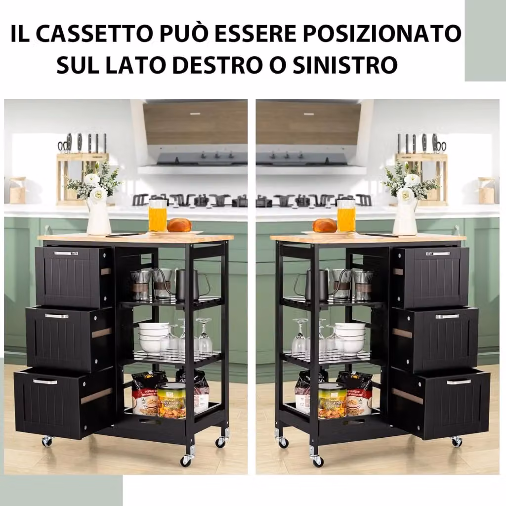 Carrello da Cucina con Ruote COSTWAY in Legno Nero con 4 Ripiani e 3 Cassetti L: 67 cm, P: 37 cm, H: 83,5 cm – 2