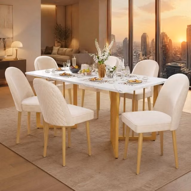 6 sedie da pranzo moderne in velluto beige con gambe in metallo dorato, comode e dal design ergonomico