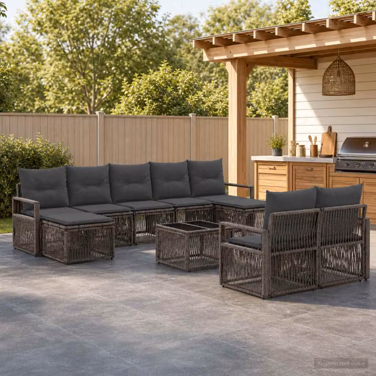 Set Divano da Giardino vidaXL 10 Pezzi in Polyrattan Grigio con Cuscini e Tavolino