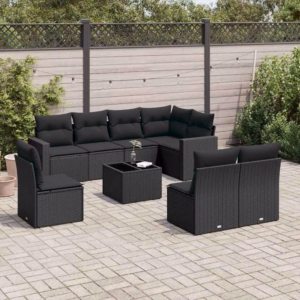 vidaXL Set Divani da Giardino 9 pz a Forma a L con Cuscini e Tavolino Nero in Polyrattan e Acciaio – 1