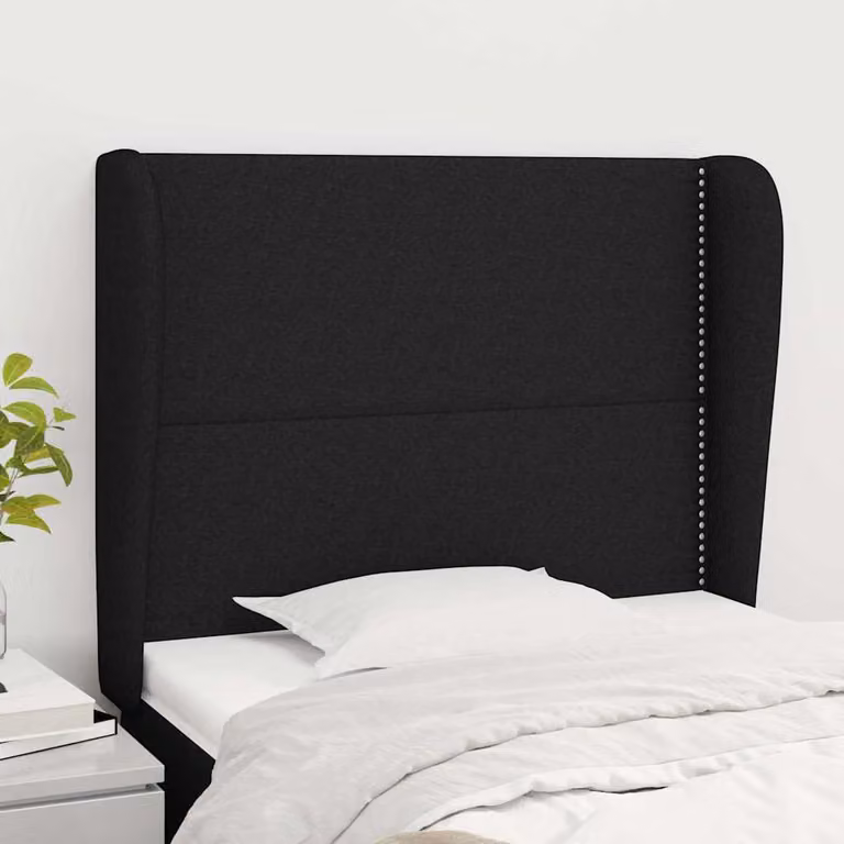Testiera ad orecchio vidaXL in tessuto nero con struttura in legno e larice, L: 93 cm, P: 23 cm, H: 118-128 cm