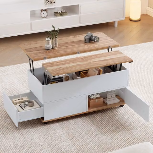 Tavolino da salotto elevabile con cassetto e ripiani, ruote con freni, bianco legno naturale, 100 × 98 × 65 cm
