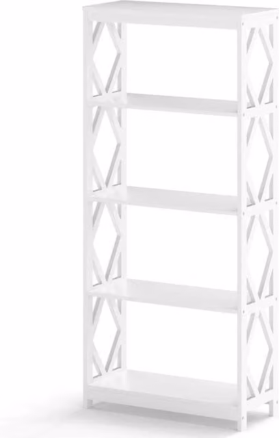 Libreria moderna Design Mania con 5 ripiani geometrici in legno e MDF, colore bianco opaco, autoportante per soggiorno, ufficio o camera da letto, H: 155 cm, L: 70 cm, P: 30 cm