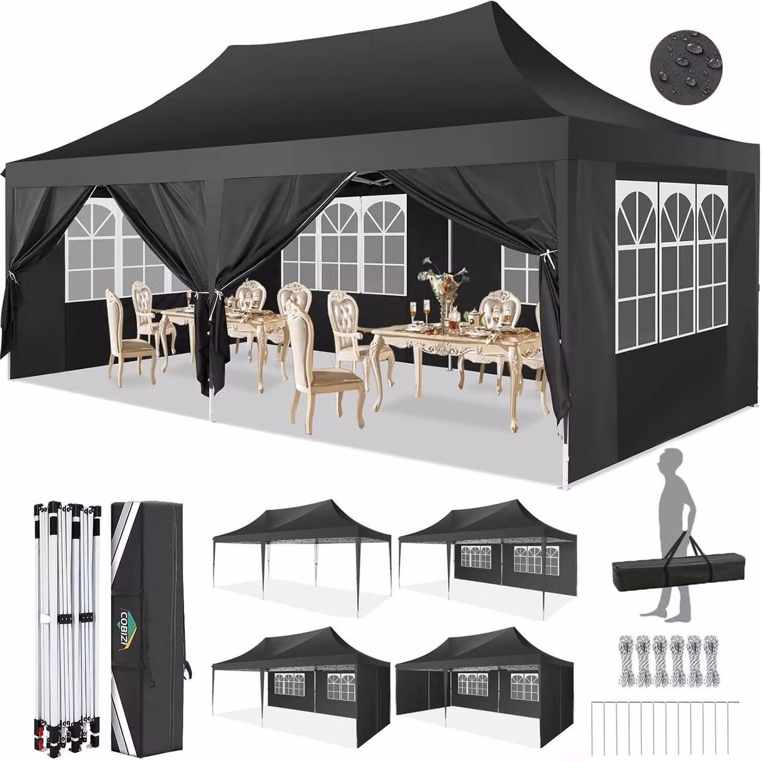 Gazebo da esterno 3x6 metri, impermeabile, con 6 pannelli laterali, tessuto Oxford 210D, protezione UV UPF50+, altezza regolabile da 300 a 320 cm, colore nero