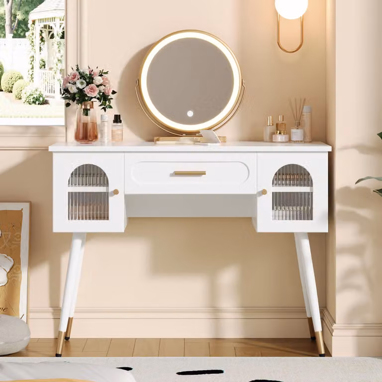 Comò da trucco Merax con specchio a LED, 1 cassetto, 2 ante, spazio contenitivo, comò moderno, tavolino da trucco, comò, bianco