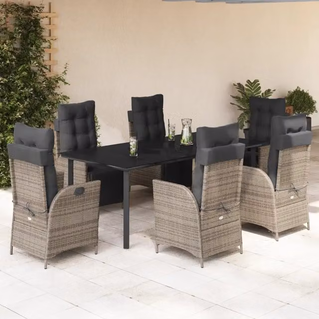 Set da pranzo da giardino vidaXL in polyrattan e vetro con 7 pezzi, colore grigio e nero – 1