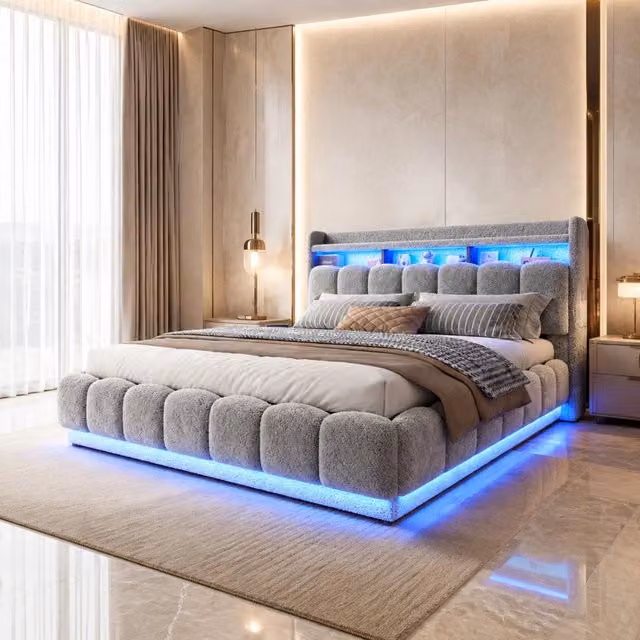 Letto imbottito 180x200 cm grigio con LED, USB, presa e vano contenitore