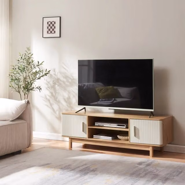 Mobile Porta TV Ferrersp en.casa con 2 Ante e Scomparti Aperti, Colore Beige, L/P/H: 140 x 40 x 45 cm