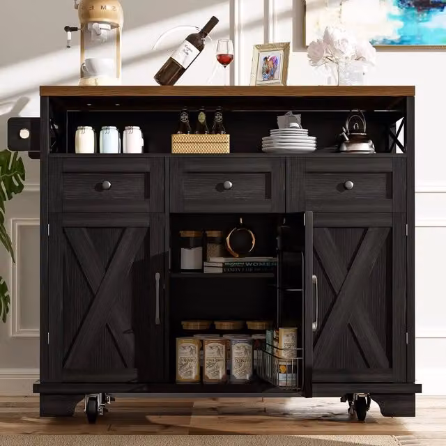 Isola Cucina con Ruote e Vano Contenitore ¨C Xylo ¨C Effetto Legno, Nero, 118x43x98 cm