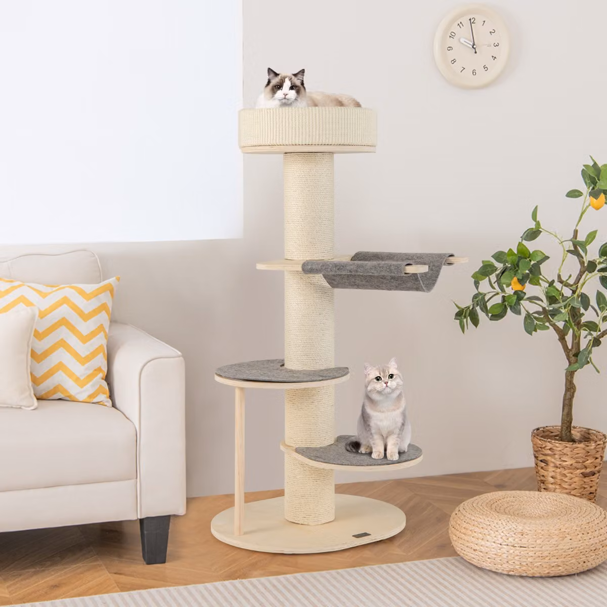 Albero per gatti Costway in legno multi-livello con tiragraffi in sisal sostituibile, Grigio e Beige, Altezza: 120 cm