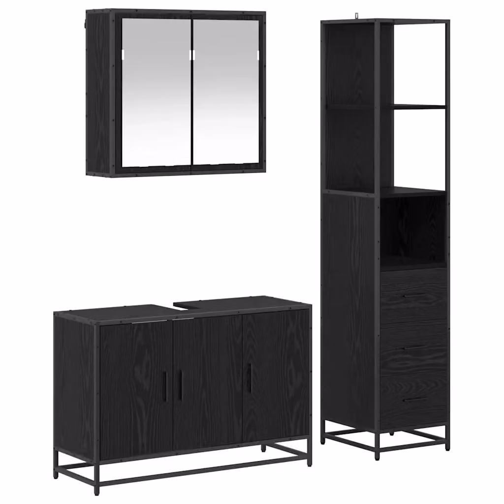 Set di mobili per il bagno vidaXL 3 pezzi in legno e metallo nero con armadietto a specchio e mobile lavabo L/P/H: 90 x 33 x 166 cm – 2