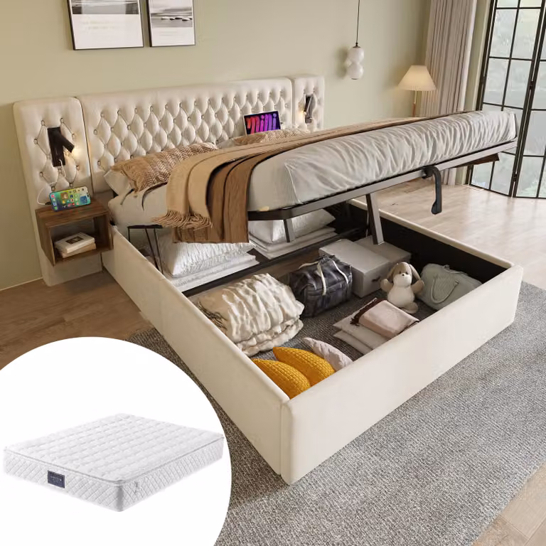 Letto imbottito 160x200 cm con spazio contenitore a sollevamento idraulico, 2 comodini, lampade da lettura, funzione di ricarica USB e Type-C, rete a doghe, rivestito in velluto color beige