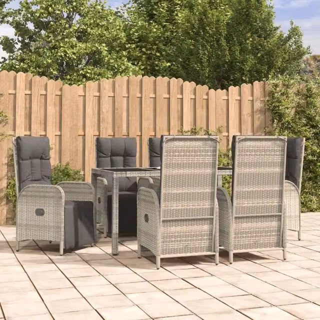 Set da pranzo da giardino moderno vidaXL in polyrattan grigio con tavolo in vetro e 7 pezzi