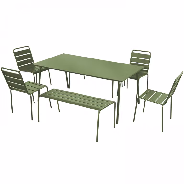 Set da giardino con 2 panche e 4 sedie in acciaio verde cactus - Oviala Palavas