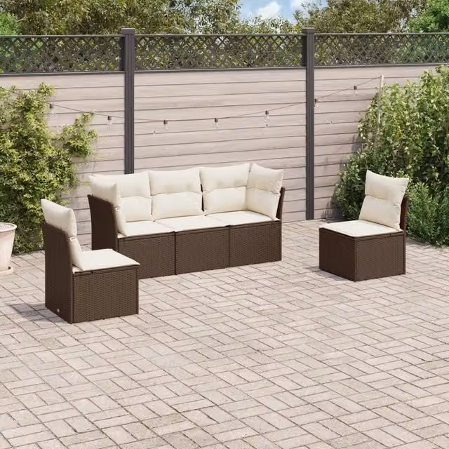 Set Divano da Giardino 5 pz con Cuscini-Sofa da Giardino-Divanetto da esterno Marrone in Polyrattan 106461