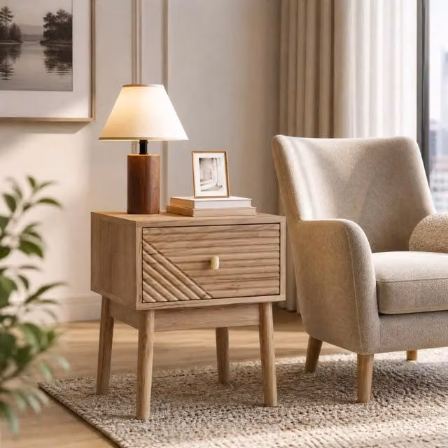 Comodino moderno OKWISH per camera da letto con 2 cassetti in rovere marrone, L/P/H: 40 x 40 x 55 cm