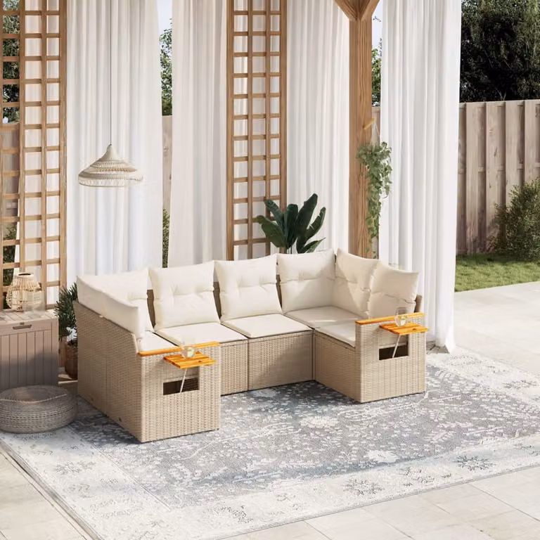 vidaXL Set Divano da Giardino a L in Polyrattan con Cuscini Beige e Tavolino, 6 Pezzi