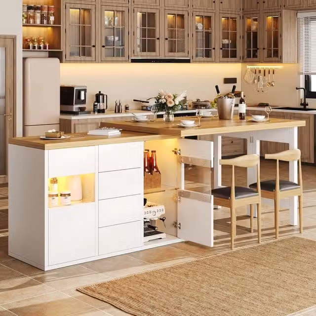 Isola da cucina girevole 360¡ã ¨C Minimal ¨C 120-197cm con LED RGB ante in vetro 4 cassetti scaffali regolabili bianco nero