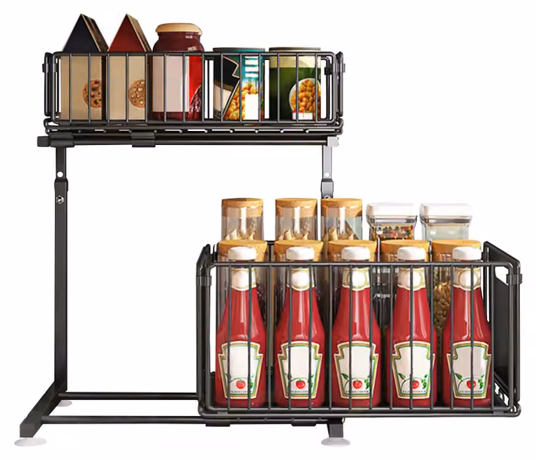 Ripiano sotto lavello - Mobiletto da cucina a 2 ripiani - Organizzatore estensibile e scorrevole - Acciaio inossidabile - Con cassetti, ideale per cucina e bagno - Nero