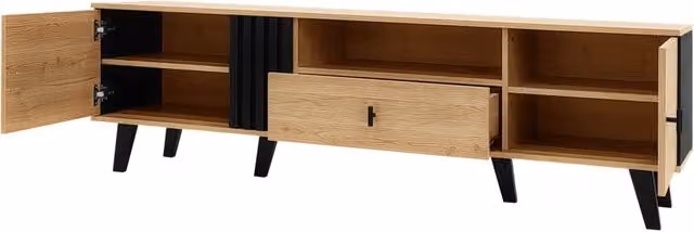 Mobile TV da 170 cm in pannelli di legno nero con cassetto e ante, mobile basso multifunzione per soggiorno