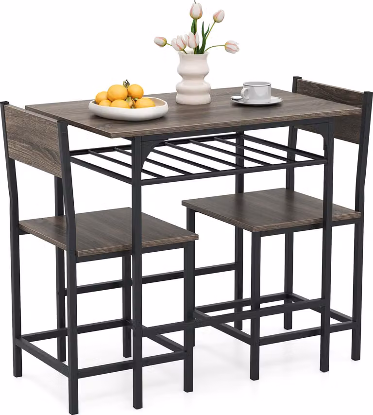 Tavolo da pranzo COSTWAY 80x52,5x77 cm, set da pranzo 3 pezzi in legno con 2 sedie, vano portaoggetti&telaio in metallo, tavolino da cucina per 2 persone, set da pranzo grigio