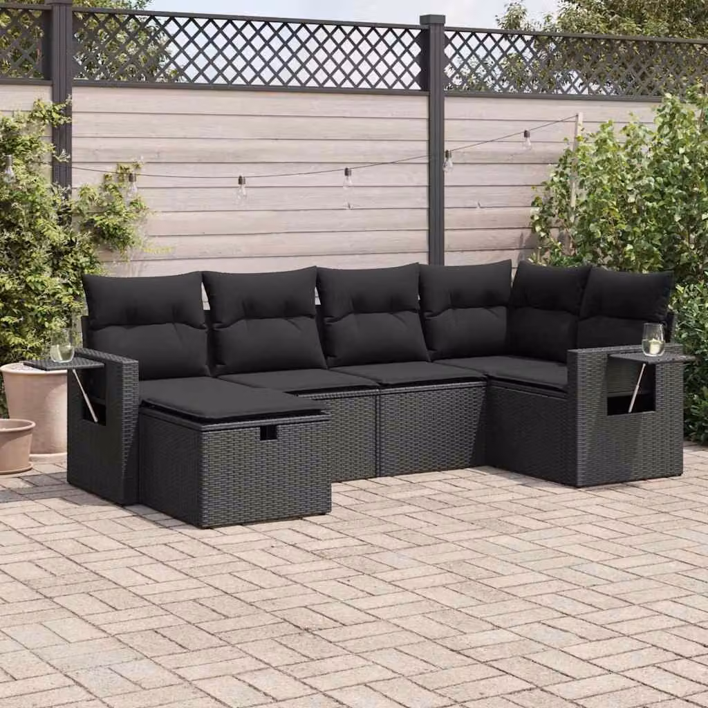Set Divano da Giardino a L vidaXL in Polyrattan Nero con 6 Pezzi e Cuscini