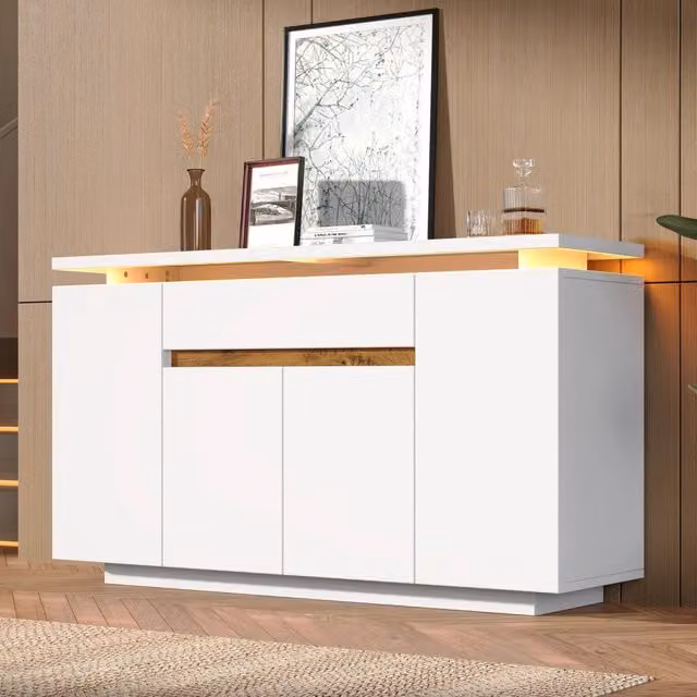 Credenza moderna in MDF bianco con illuminazione LED integrata L: 140 cm, P: 40 cm, H: 80 cm