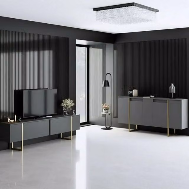 Set di mobili da soggiorno modulabile Pignano DMORA in legno, colore nero antracite e oro, stile moderno – 1