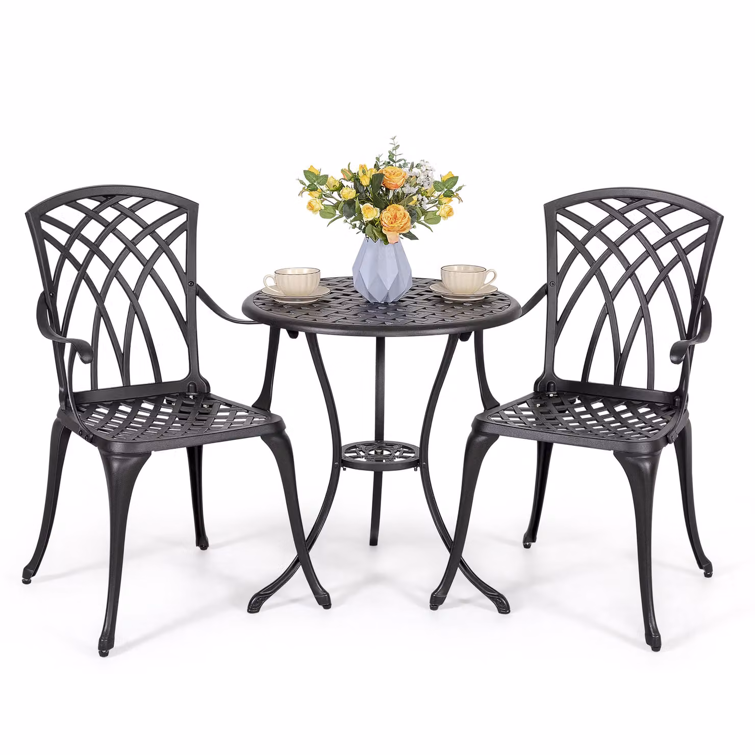 Set da bistrot Avestar in 3 pezzi in fusione di alluminio, set di mobili da giardino, tavolo da bistrot rotondo con 2 sedie da bistrot, nero
