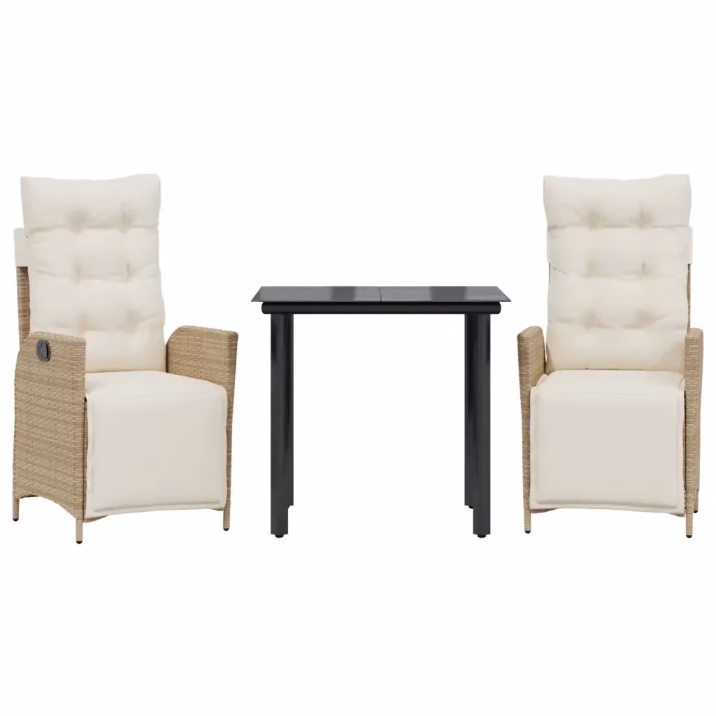 Set da Pranzo da Giardino 3 pz vidaXL in Polyrattan con Cuscini Beige e Tavolo in Vetro – 2