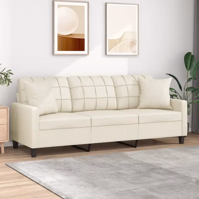 Divano a 3 Posti con Cuscini-Sofa 3 Posti con Cuscini Crema 180 cm in Similpelle