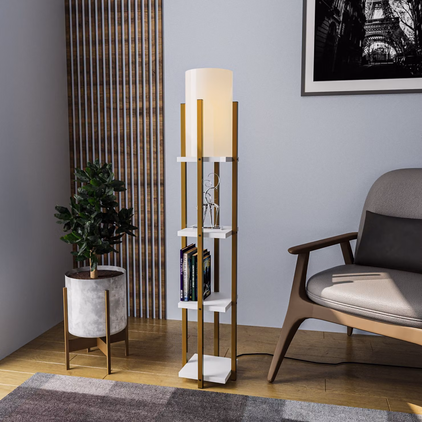 Opviq, lampada da terra di alta qualità, struttura in metallo, oro e bianco, altezza 130 cm, paralume Ø 20 cm, attacco E27 max. 40 W, IP20, cavo da 200 cm, design scandinavo, elegante e moderna.